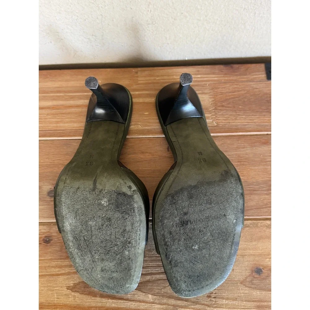 Vintage Couture DonaldJ. Pliner Green Leather Brass Buckle Slide Heels  Size 8.5